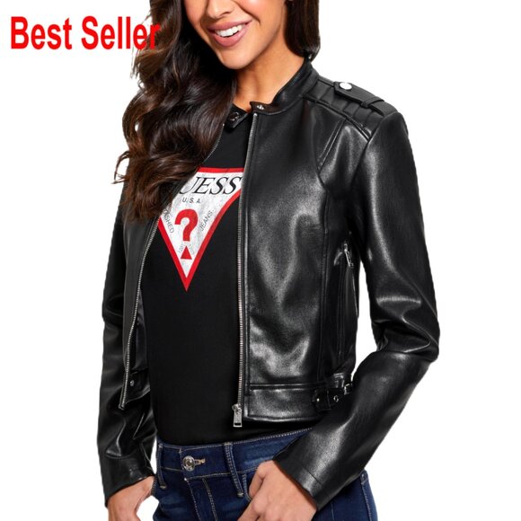 Faux Leather Moto Jacket with Snap Mandarin Collar Fitted Style